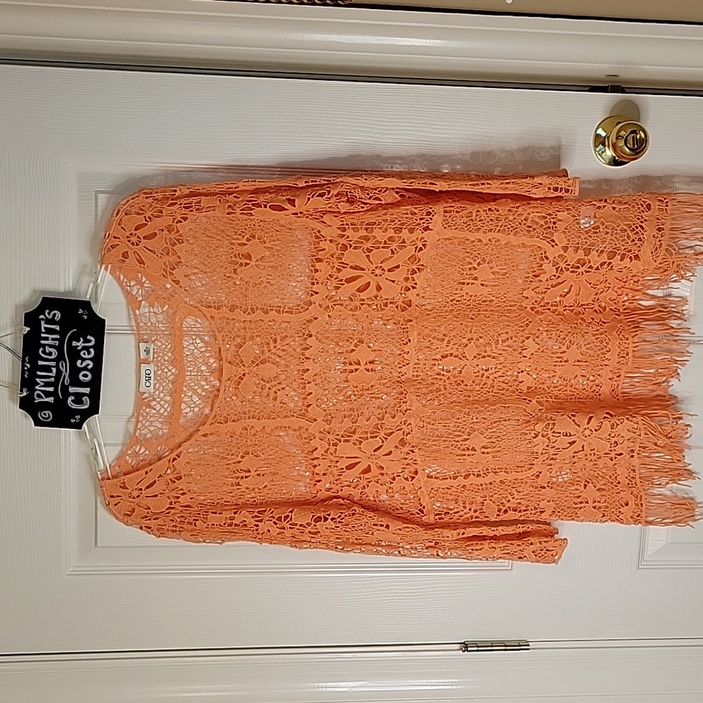 Cato XL Lace Overlay Tunic with Fringe Orange Coral